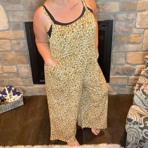 NEW LuLaRoe Leola Wide Leg Cami Jumpsuit Solid Animal Print Golden Tan NWT BOHO - Picture 7 of 7
